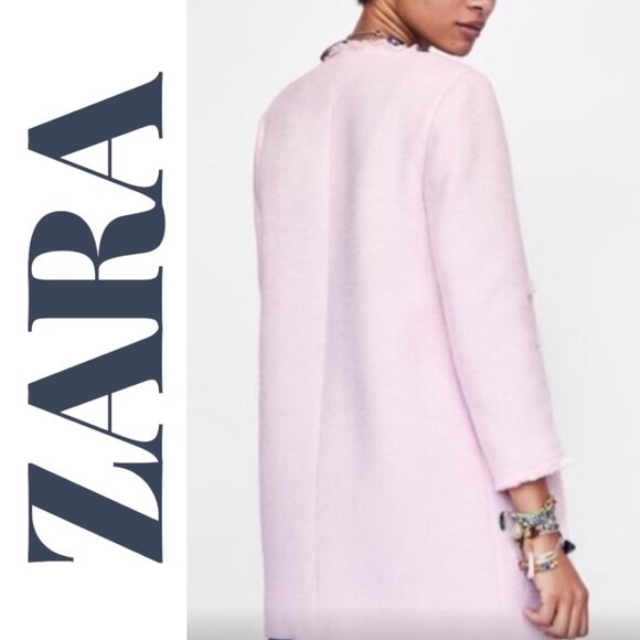 ZARA  Blush Pink Tweed Frayed Edge Longline Open Front Jacket Coat, Size Small - Picture 5 of 13